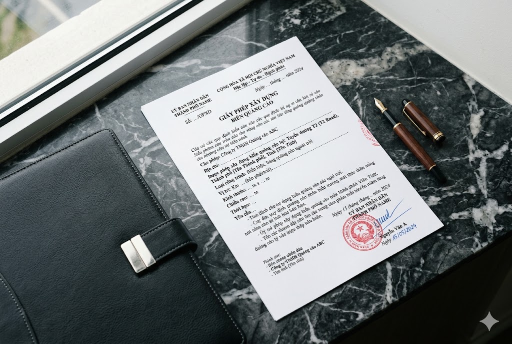 Bản sao giấy phép xây dựng trụ biển quảng cáo tuyến T2 — tài liệu pháp lý chính thức xác nhận quyền khai thác hợp pháp