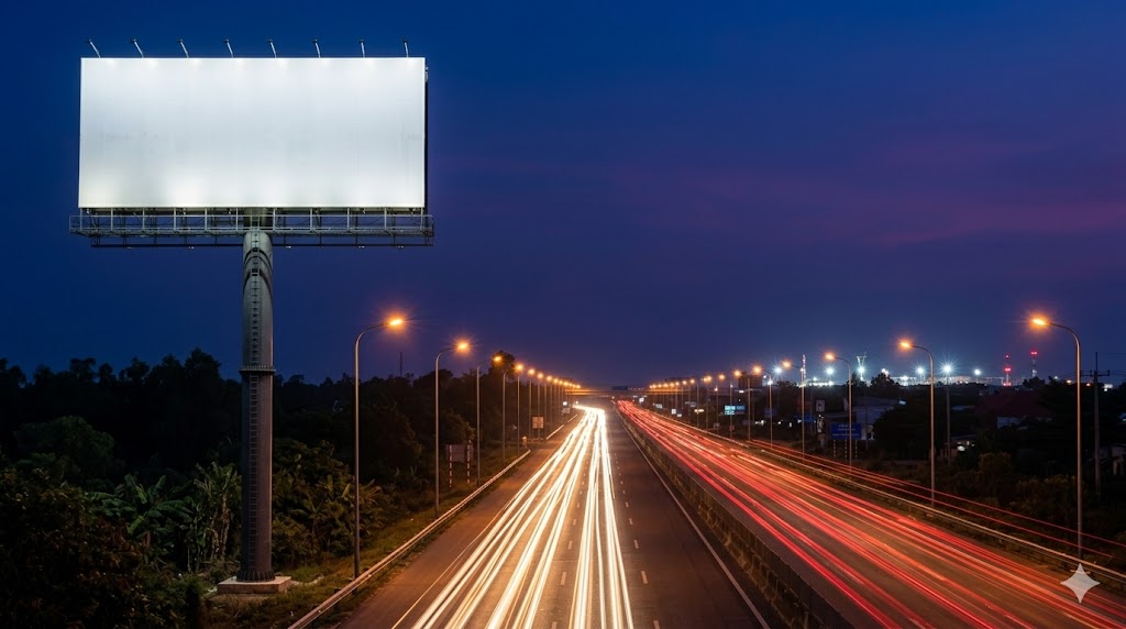 Kết cấu trụ biển billboard 10×20m tuyến T2 Long Thành — chụp thực địa, góc rộng thể hiện quy mô và vị trí đặt biển, bầu trời xanh, đường nhựa mới